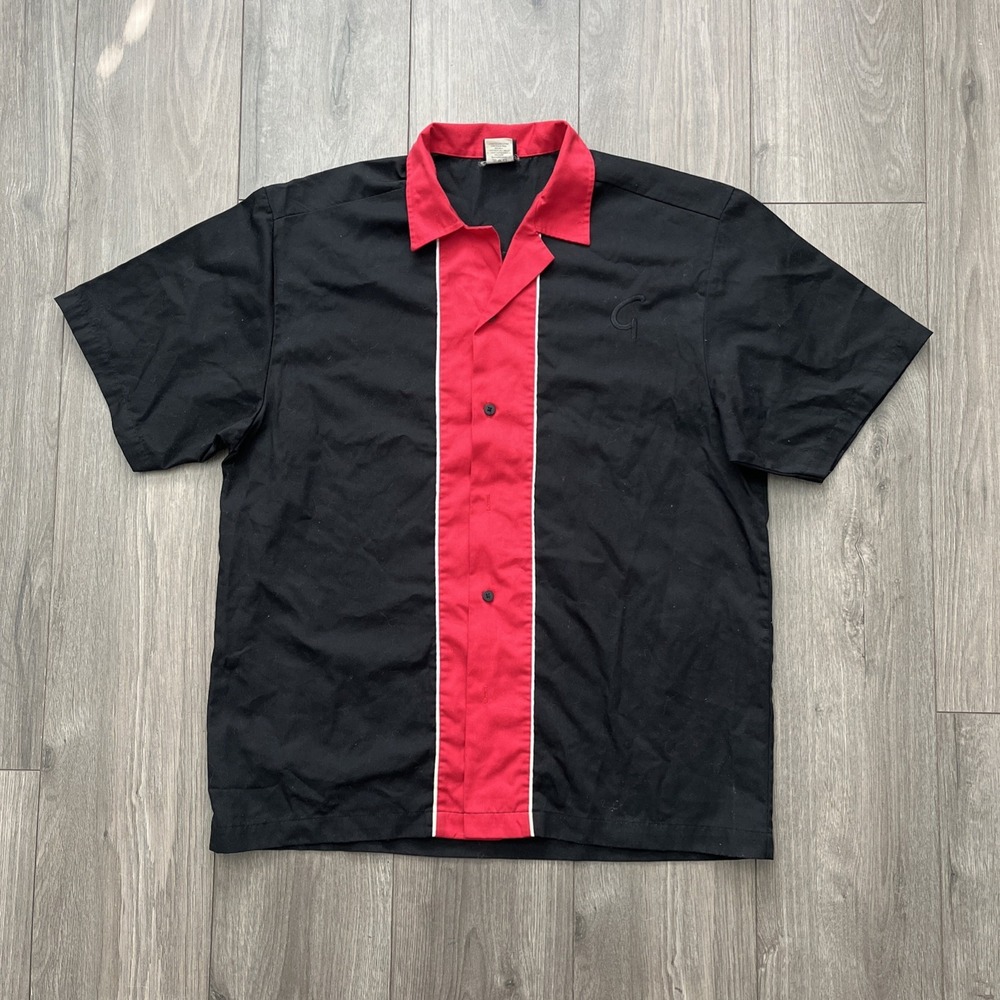 VTG Hilton Bowling Shirt Mens L Button Up Black Red Short Sleeve